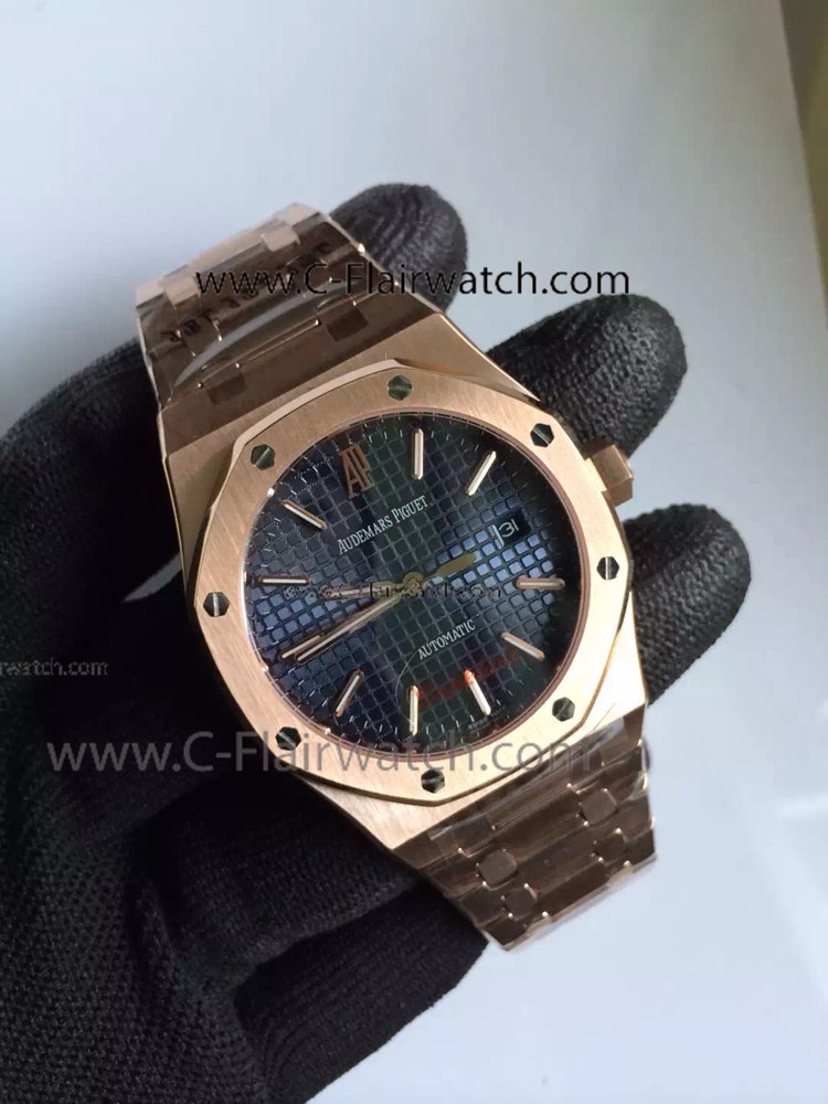 Clone Audemars Piguet Royal Oak Rose Gold Blue Dial Watch